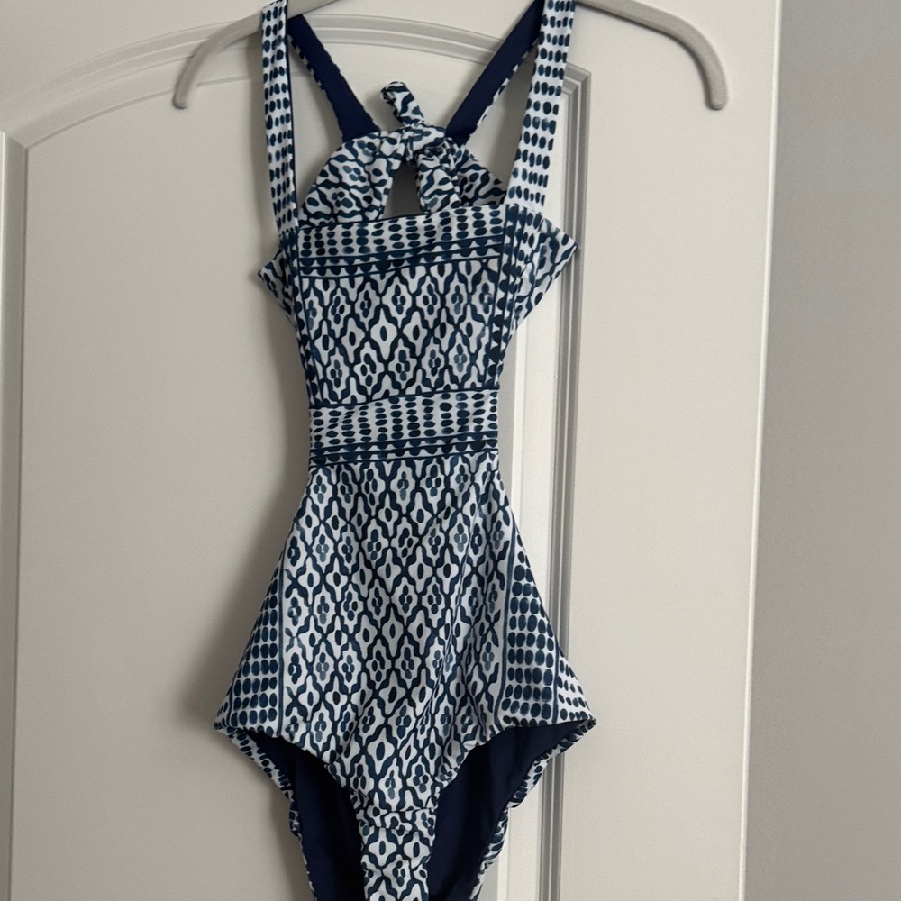 Mara Hoffman Navy & White Geometric Tie-Back One-Piece
